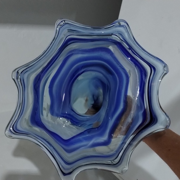 Blue & clear swirl Art Glass umbrella dish with handle vintage - Picture 6 of 7